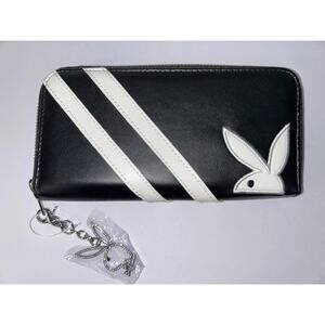 PLAYBOY Logo Black White Stripe Wallet Bunny Rhinestone Charm NWOT